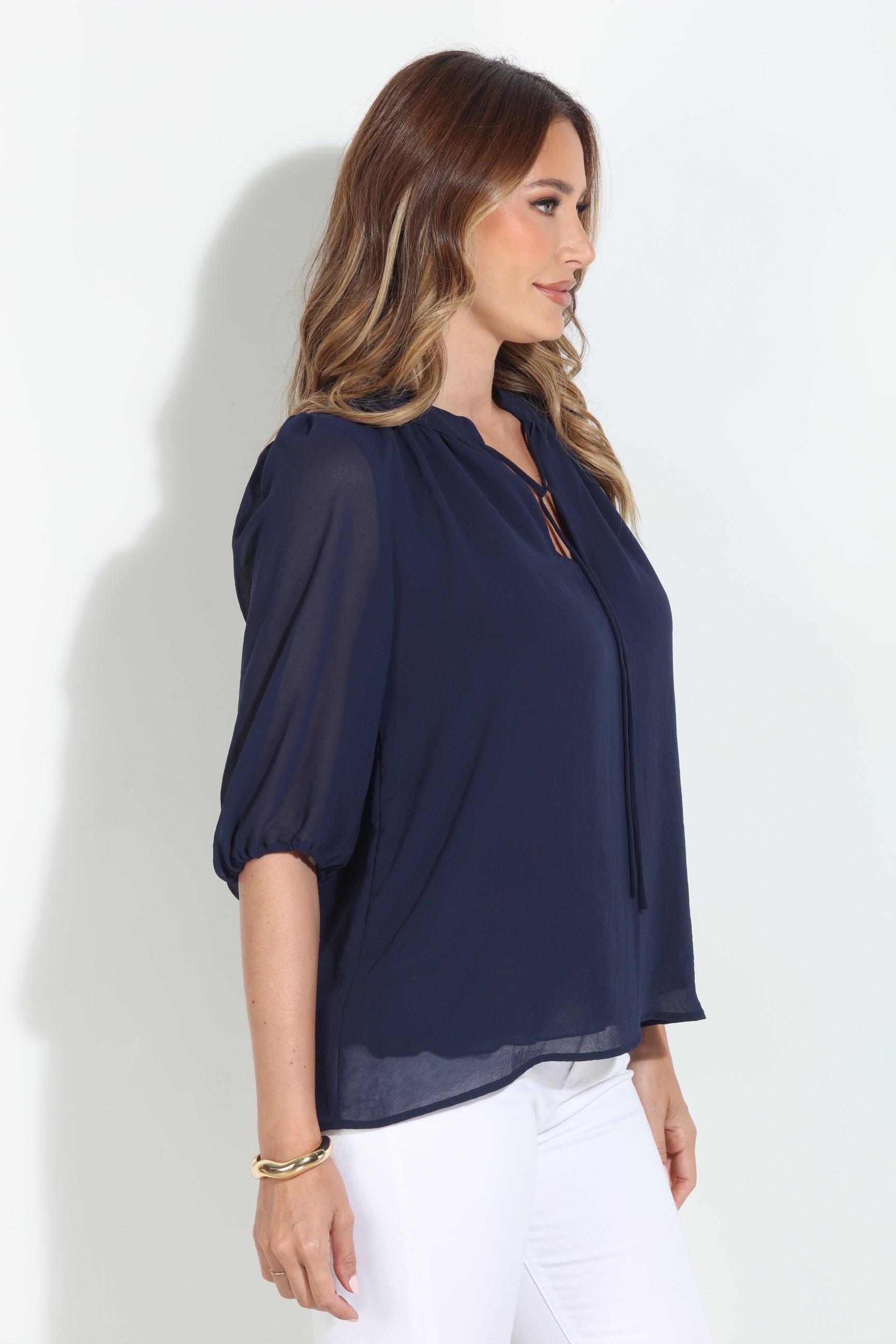 Navy Split-Neck Blouse-BEST SELLER