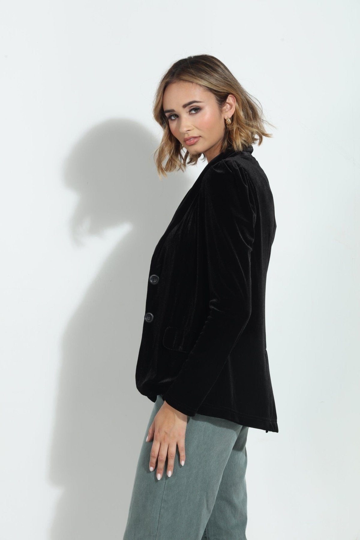 Black Velvet Shirred Blazer-BEST SELLER