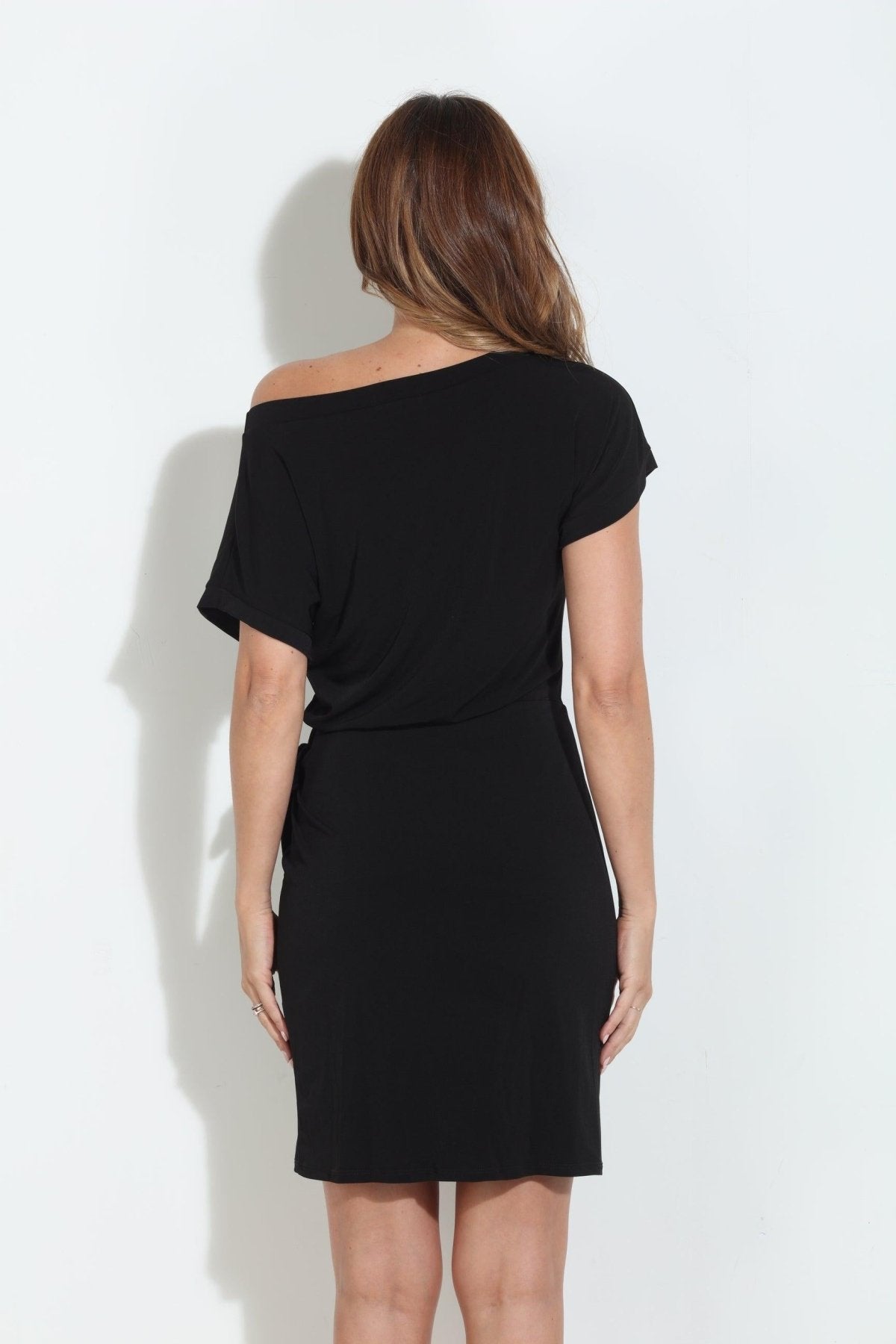 Black OTS Faux Wrap Dress-BEST SELLER