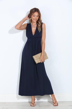 Navy Stretch V-Neck Maxi Dress - BEST SELLER