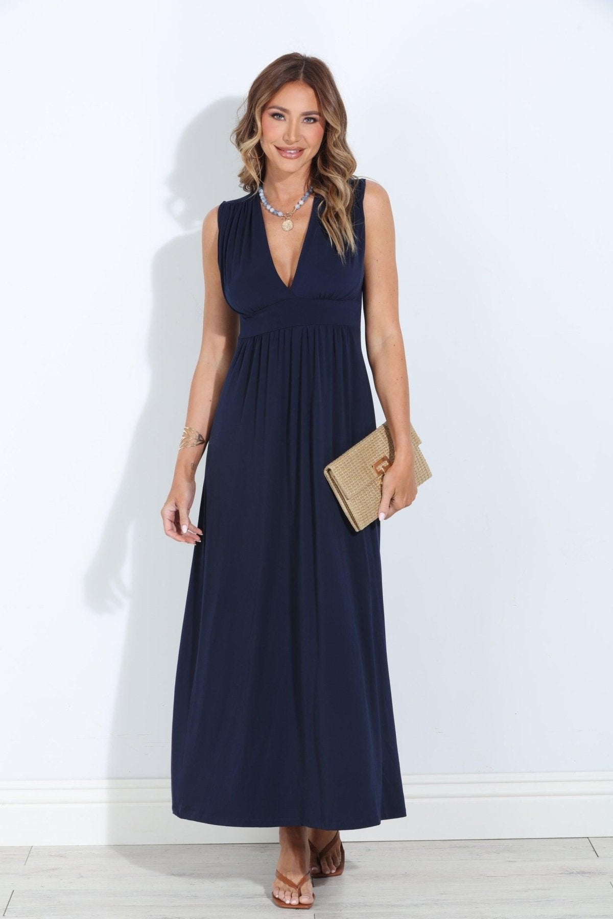Navy Stretch V-Neck Maxi Dress - BEST SELLER