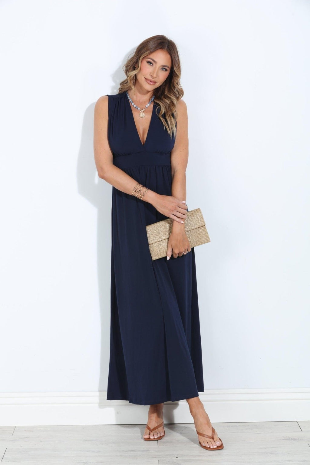 Navy Stretch V-Neck Maxi Dress - BEST SELLER