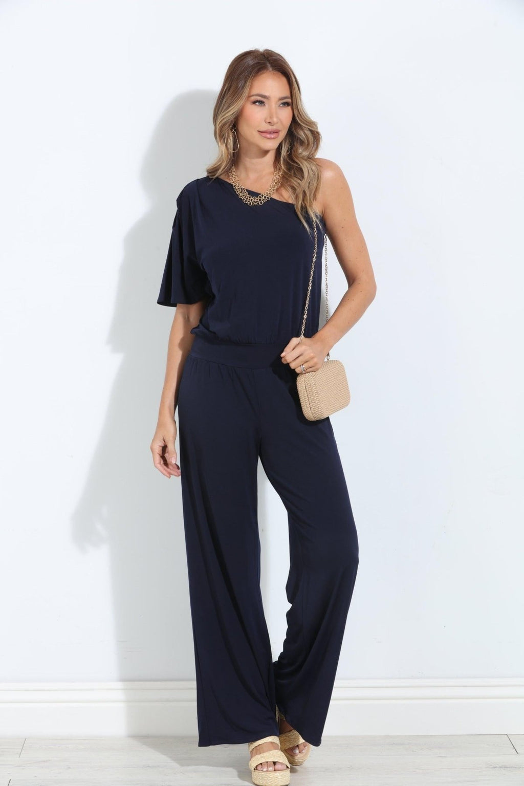 Navy One Shoulder Drop Waist Jumpsuit