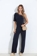 Navy One Shoulder Drop Waist Jumpsuit