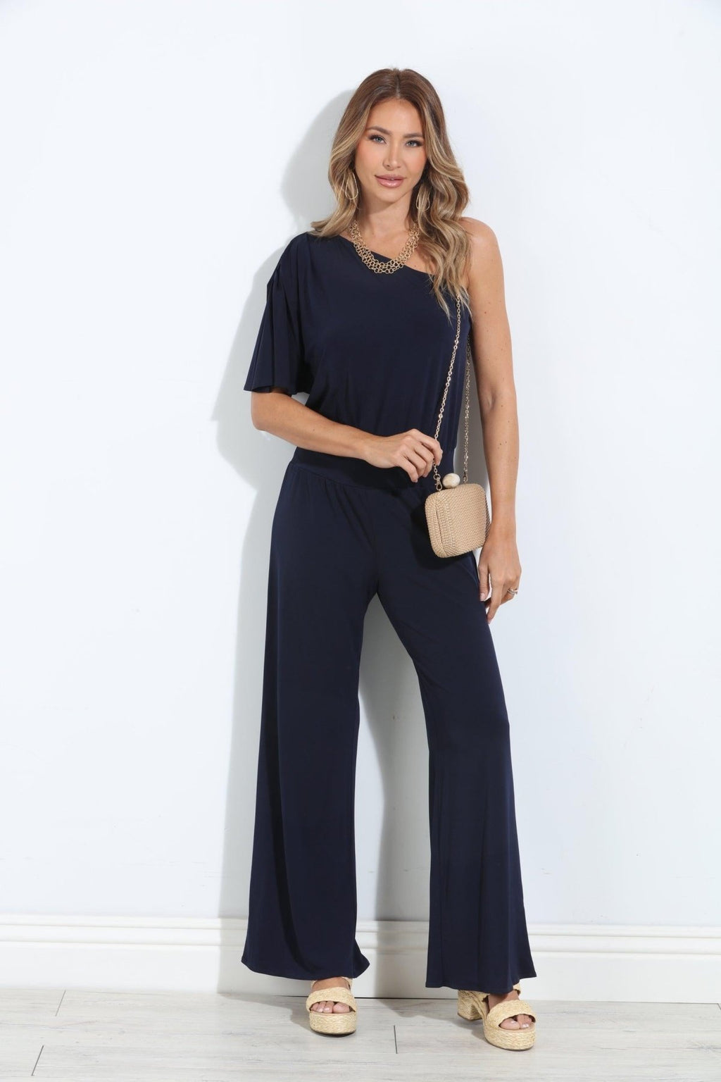 Navy One Shoulder Drop Waist Jumpsuit