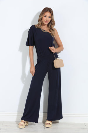 Navy One Shoulder Drop Waist Jumpsuit