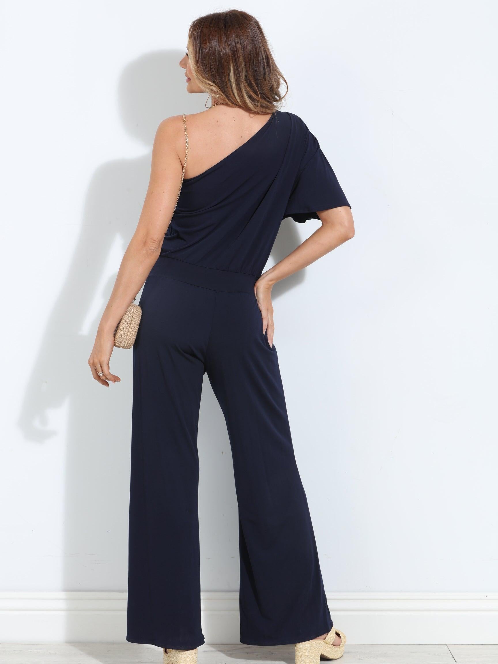 Navy One Shoulder Drop Waist Jumpsuit