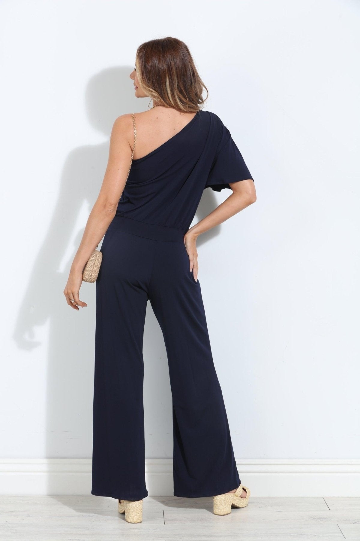 Navy One Shoulder Drop Waist Jumpsuit