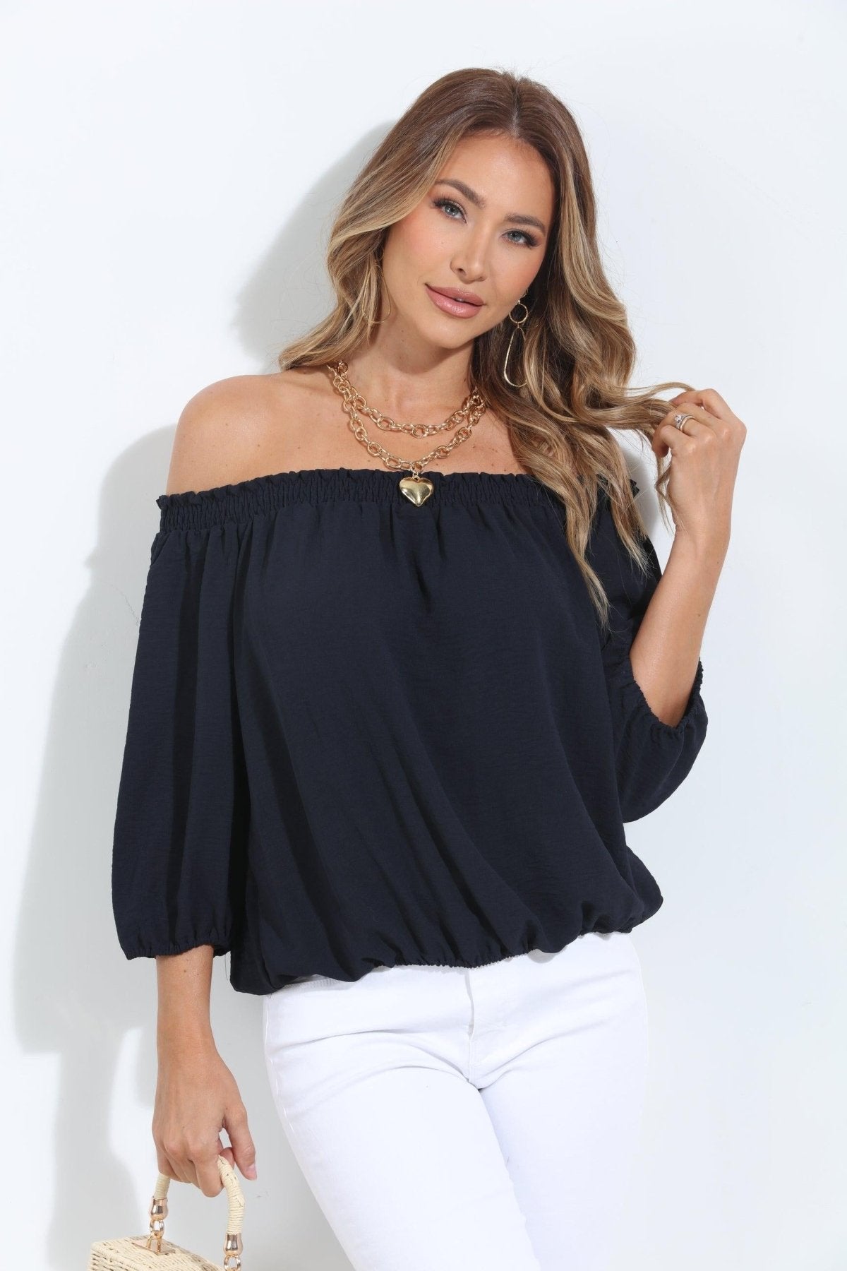 Navy Airflow Smocked OTS Top-BEST SELLER