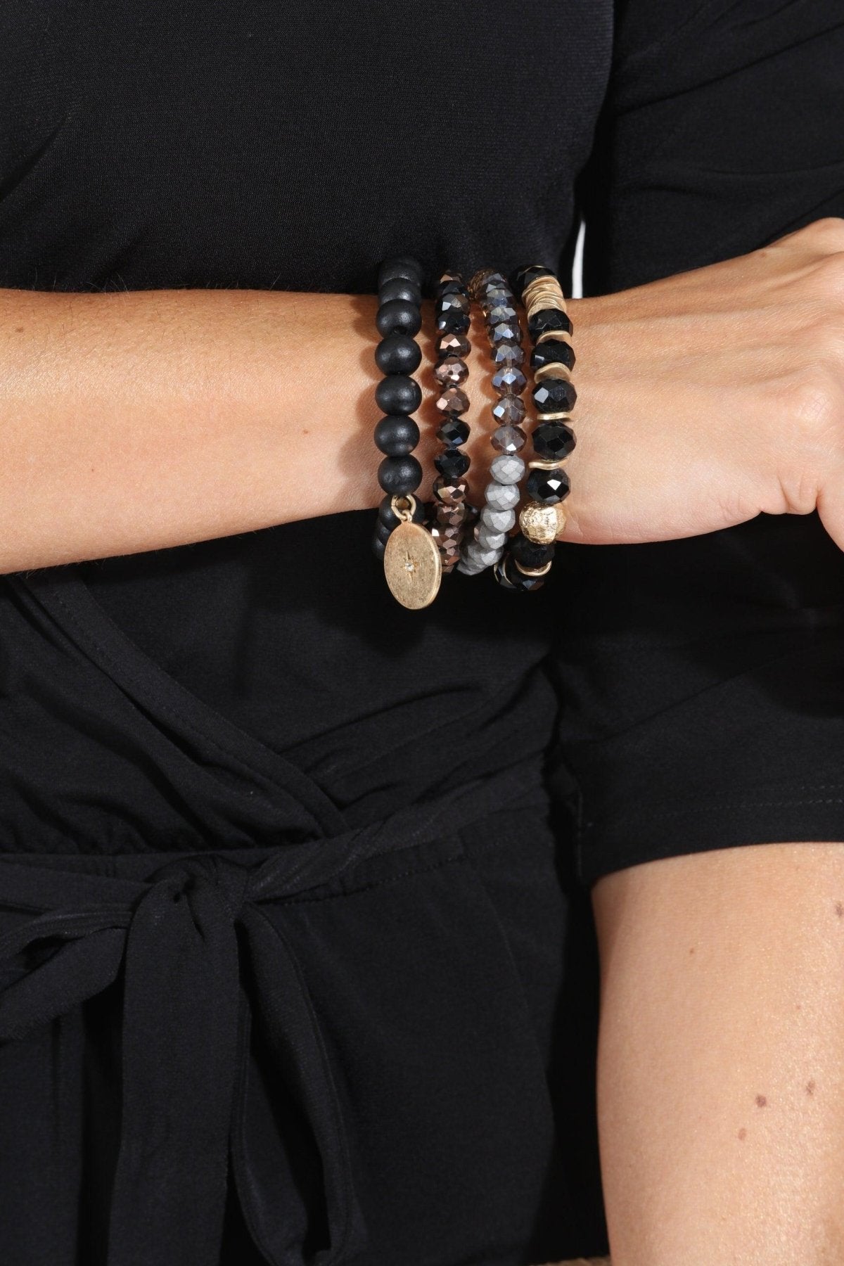 Black and Grey Beaded 4-Layer Bracelet Stack