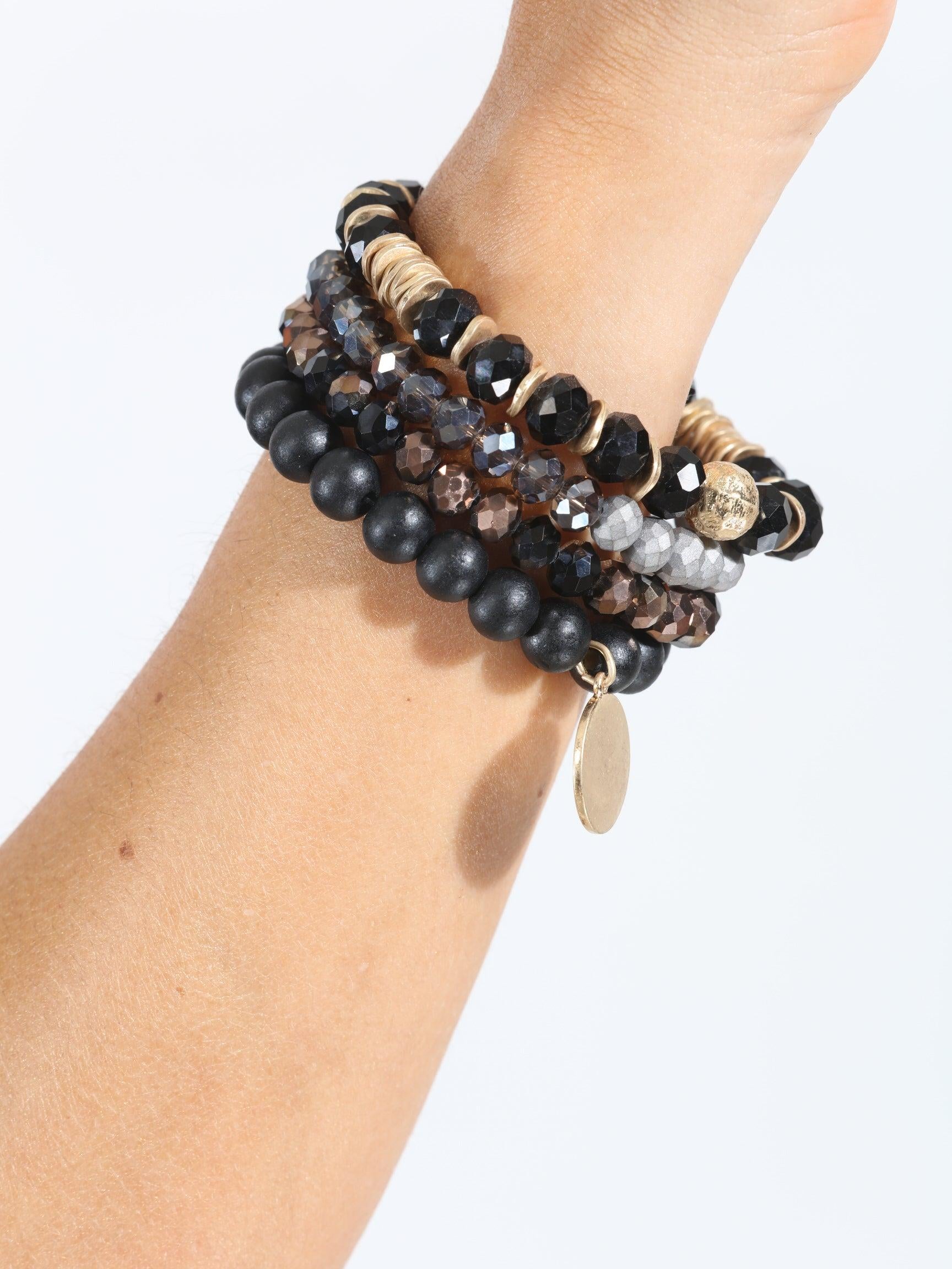 Black and Grey Beaded 4-Layer Bracelet Stack