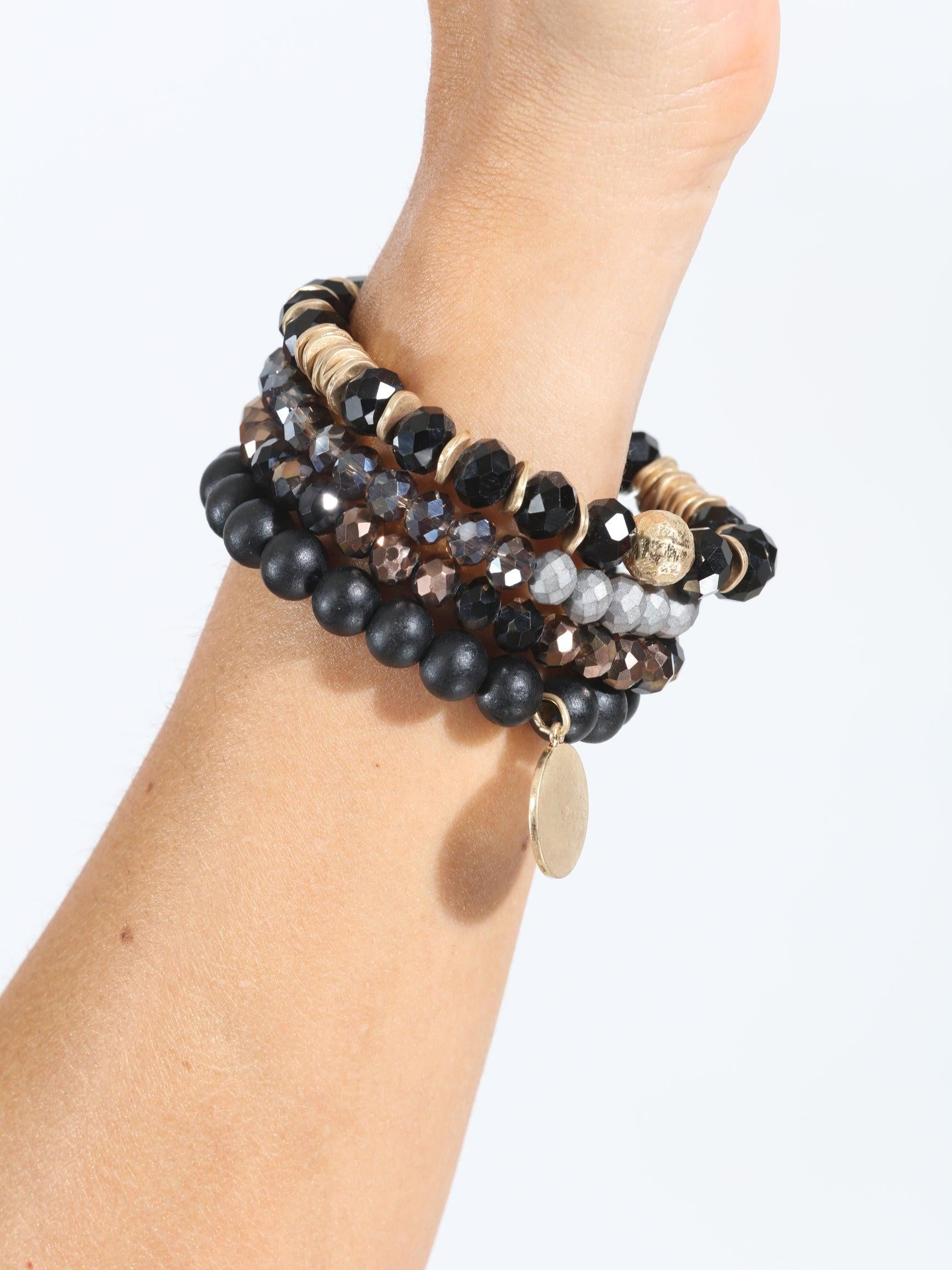 Black and Grey Beaded 4-Layer Bracelet Stack