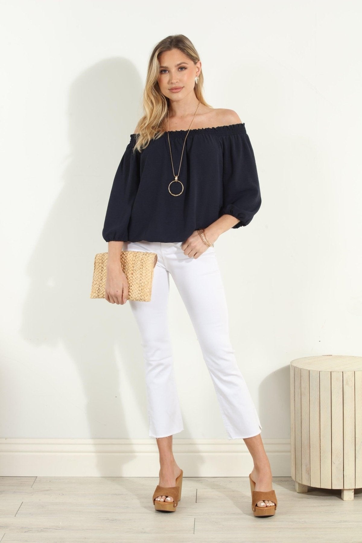 Navy Airflow Smocked OTS Top-BEST SELLER