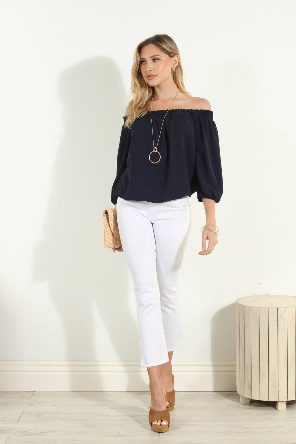 Navy Airflow Smocked OTS Top-BEST SELLER