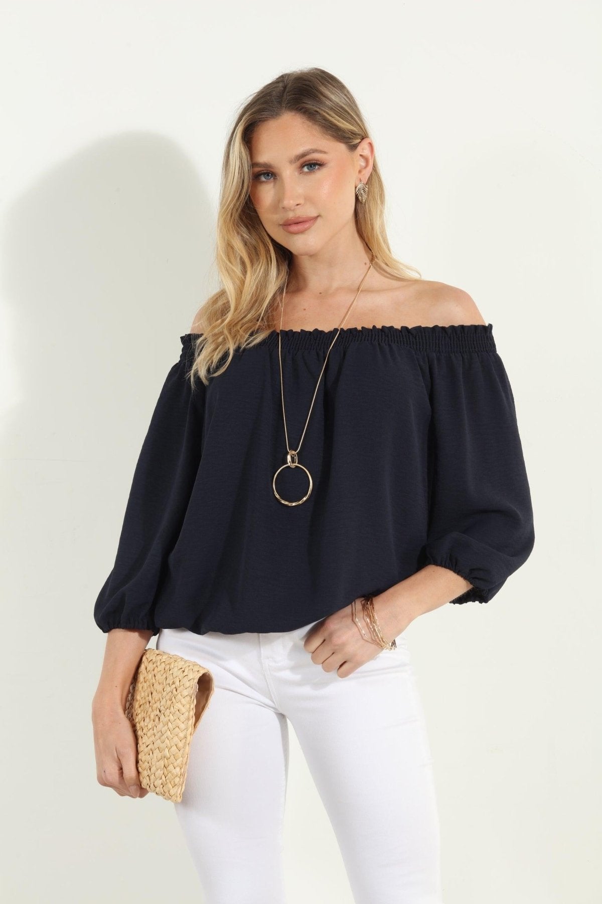 Navy Airflow Smocked OTS Top-BEST SELLER