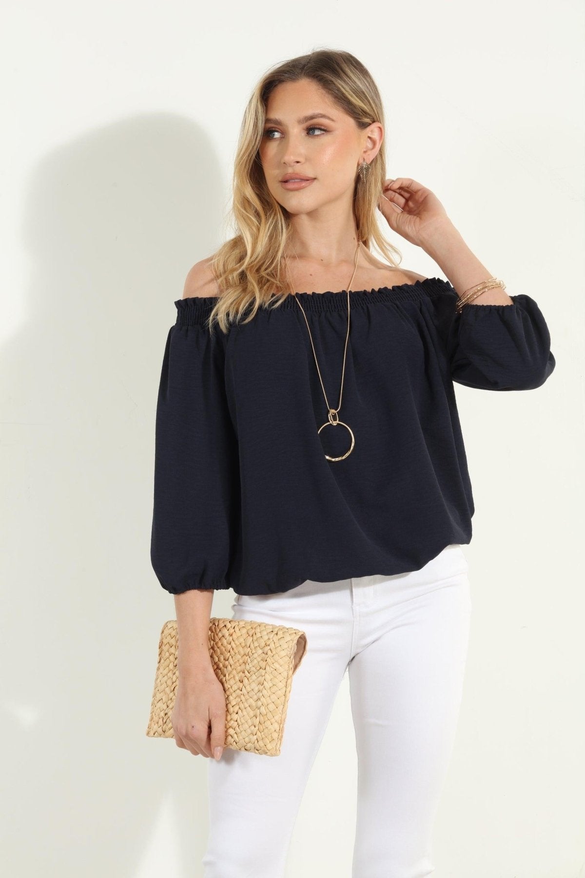Navy Airflow Smocked OTS Top-BEST SELLER