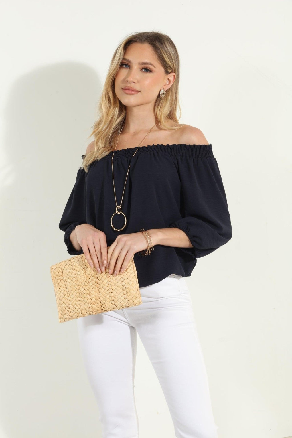 Navy Airflow Smocked OTS Top-BEST SELLER