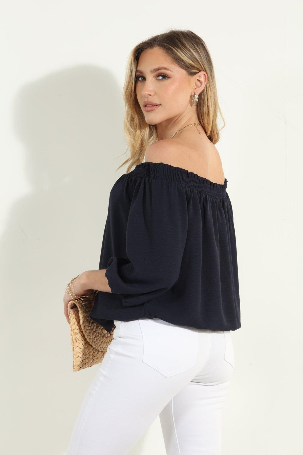 Navy Airflow Smocked OTS Top-BEST SELLER