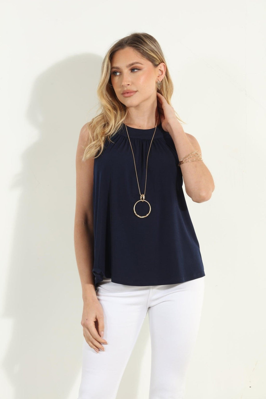 Navy Hi-Neck Stretch Tank-BEST SELLER