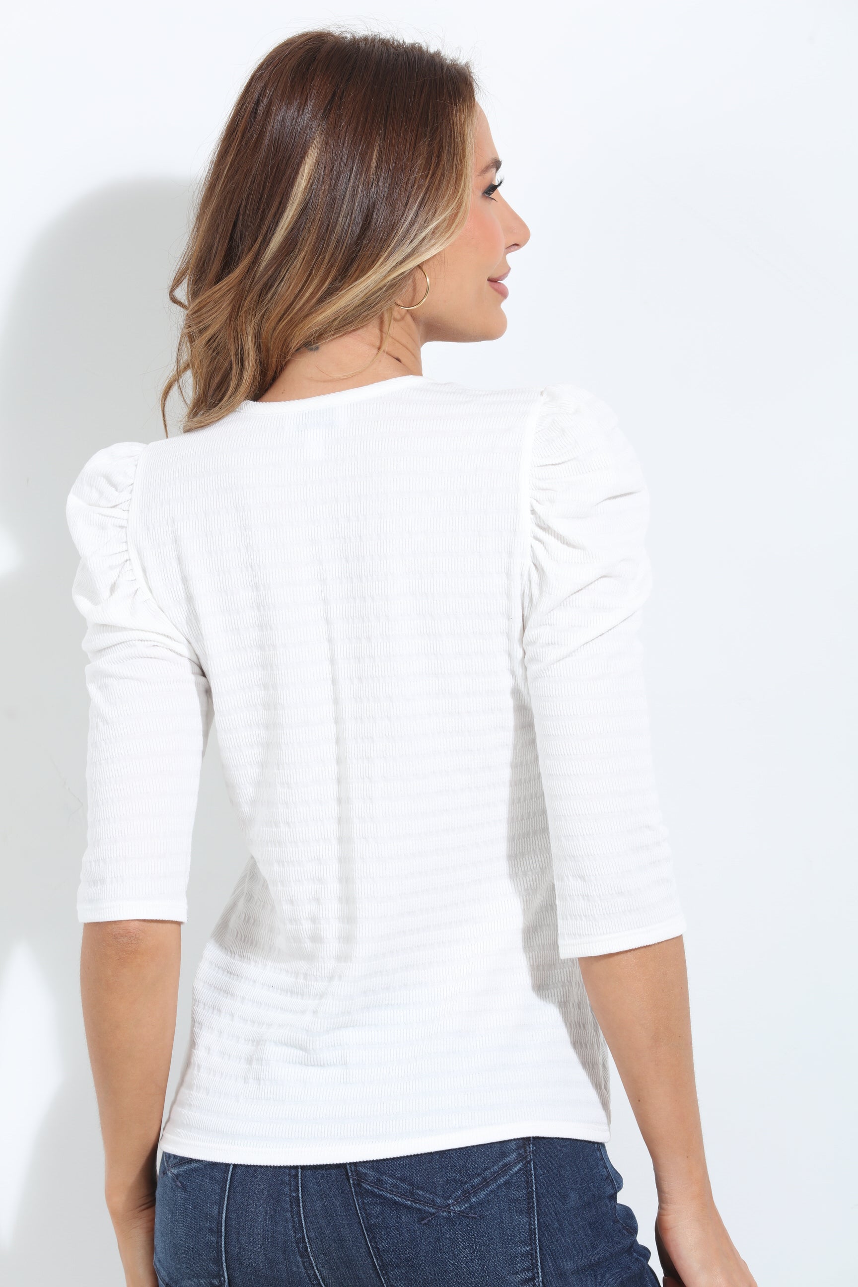 White Rib Tucker Puff Sleeve Tee