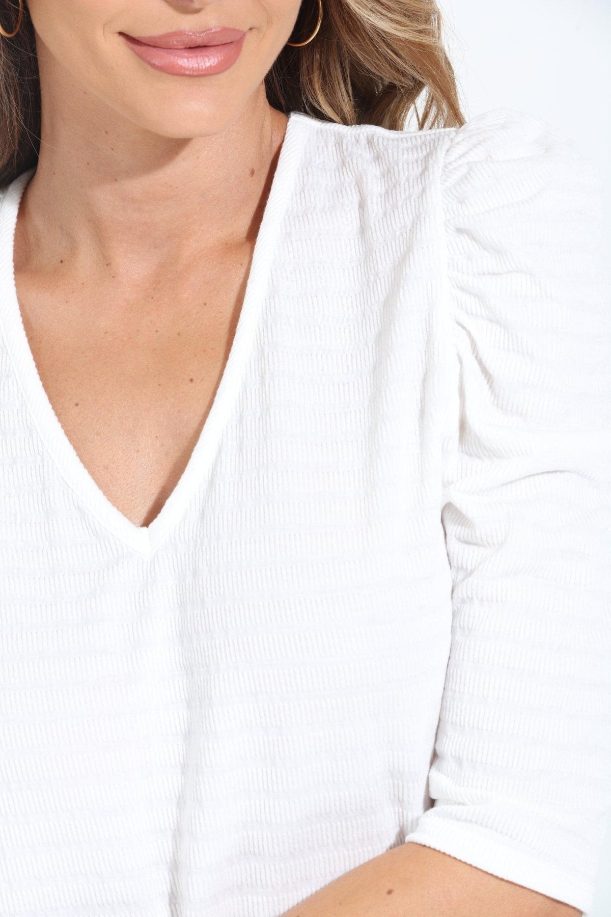 White Rib Tucker Puff Sleeve Tee