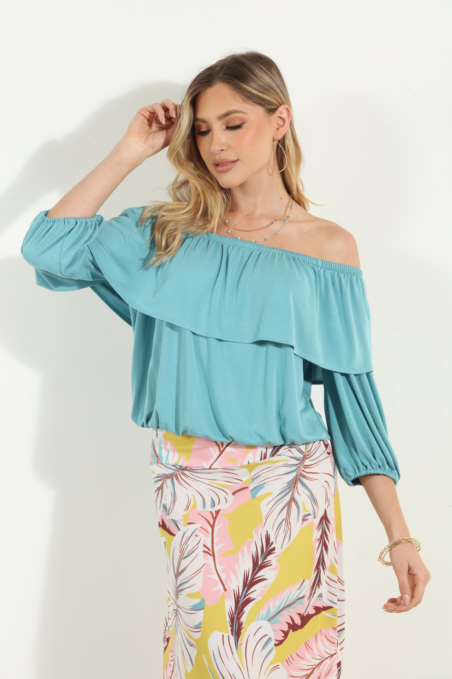 Aqua Cupro OTS Ruffle Top-FINAL SALE