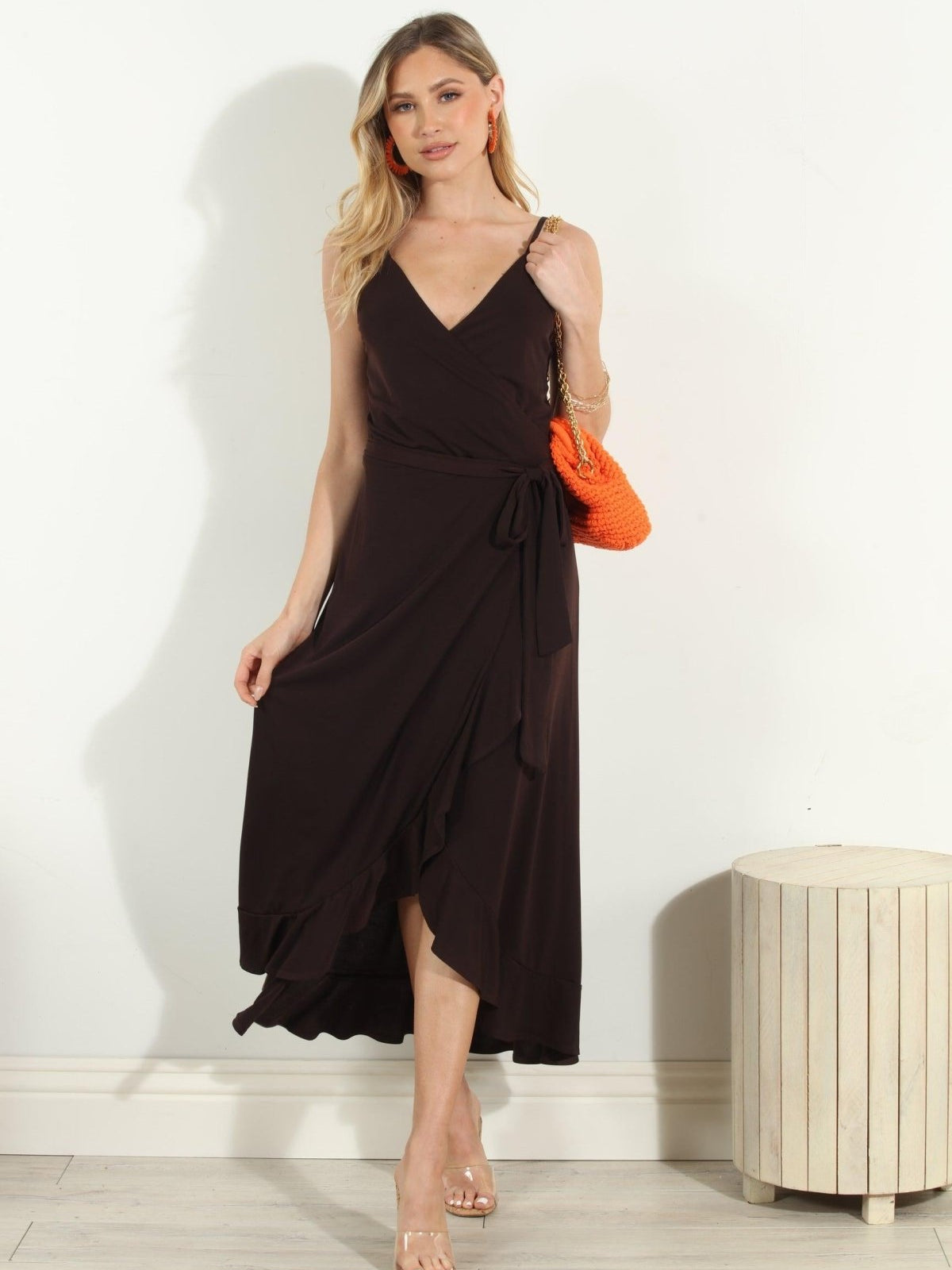 Chocolate Spaghetti Wrap Midi Dress-BEST SELLER