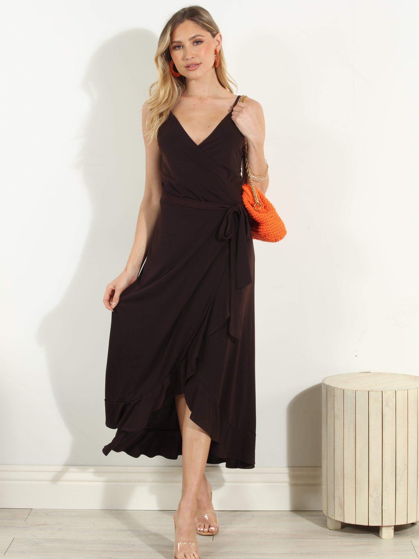 Chocolate Spaghetti Wrap Midi Dress-BEST SELLER