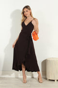 Chocolate Spaghetti Wrap Midi Dress-BEST SELLER