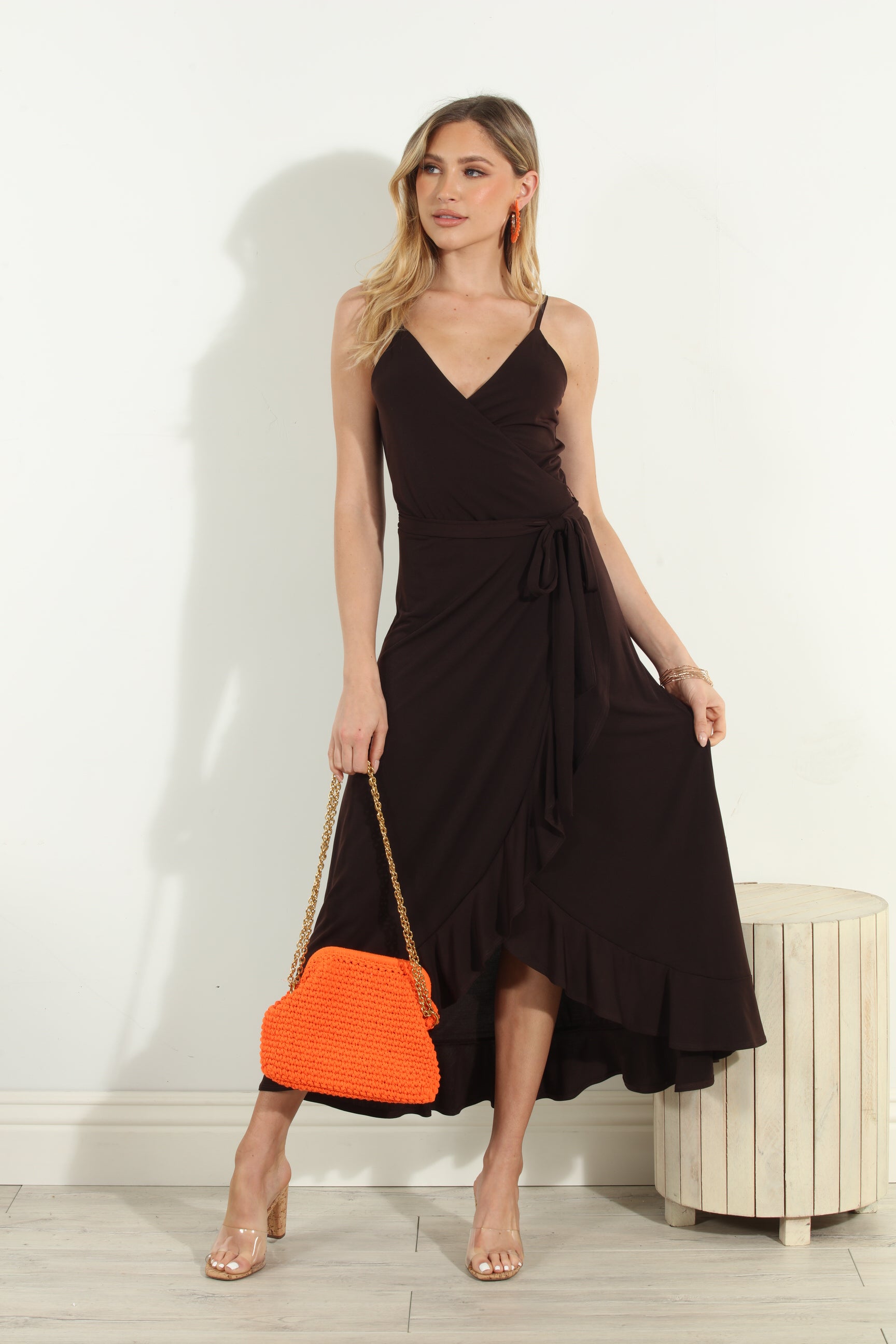 Chocolate Spaghetti Wrap Midi Dress