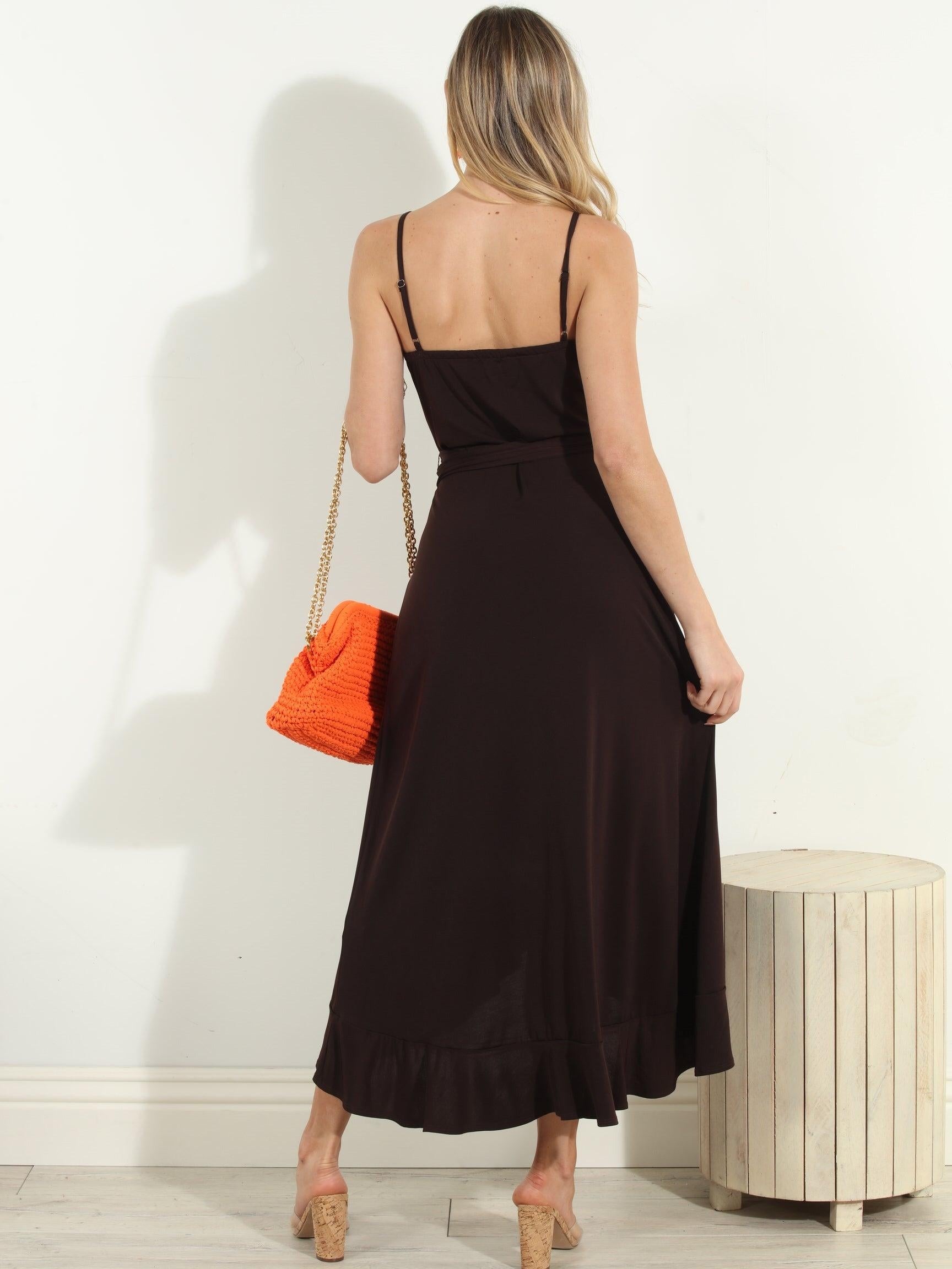 Chocolate Spaghetti Wrap Midi Dress-BEST SELLER