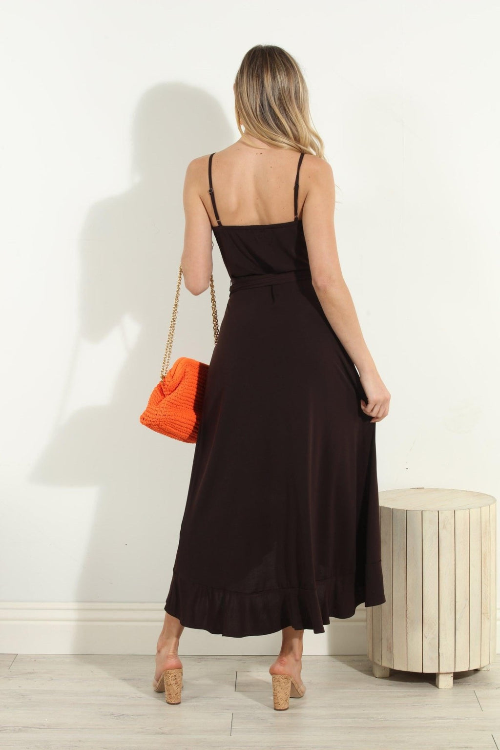 Chocolate Spaghetti Wrap Midi Dress-BEST SELLER