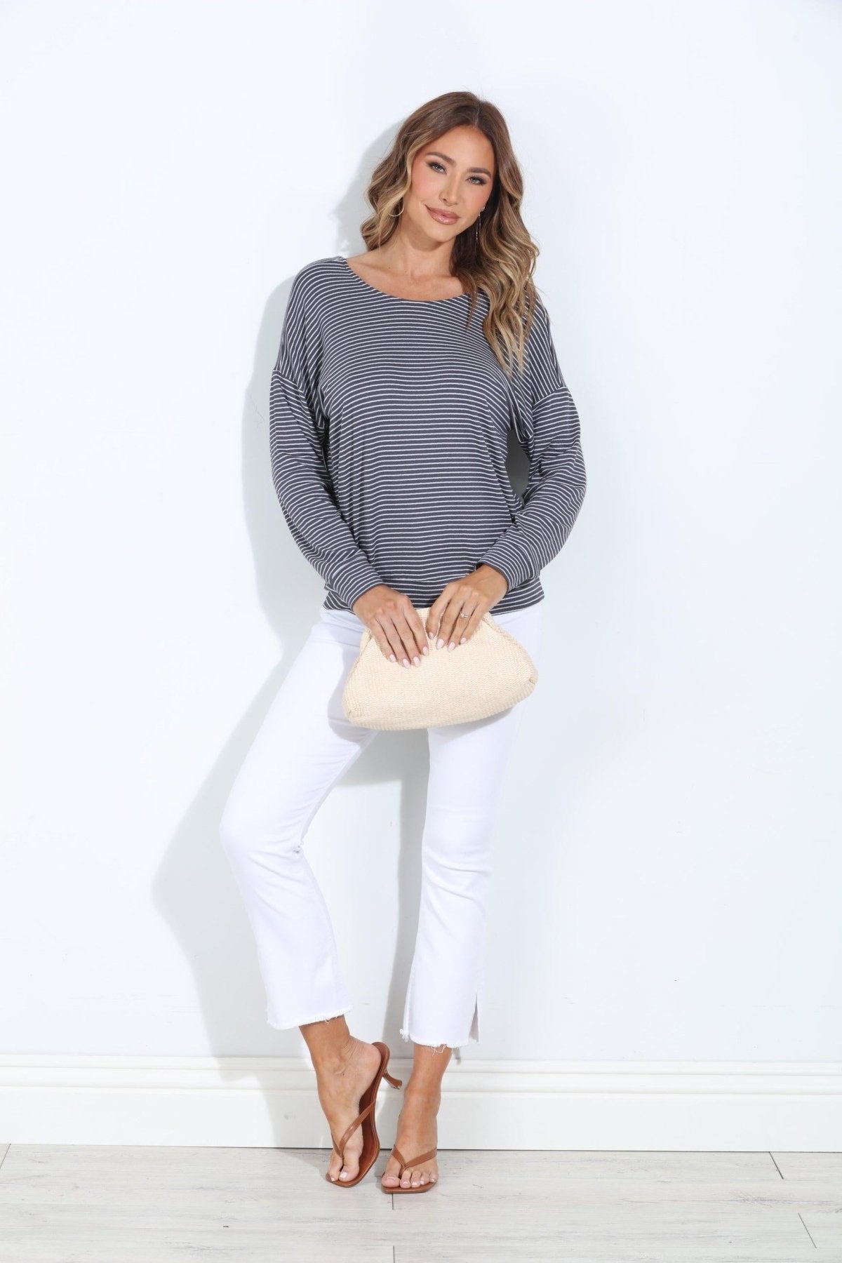 Kelli Grey Stripe Open Back Dolman Top