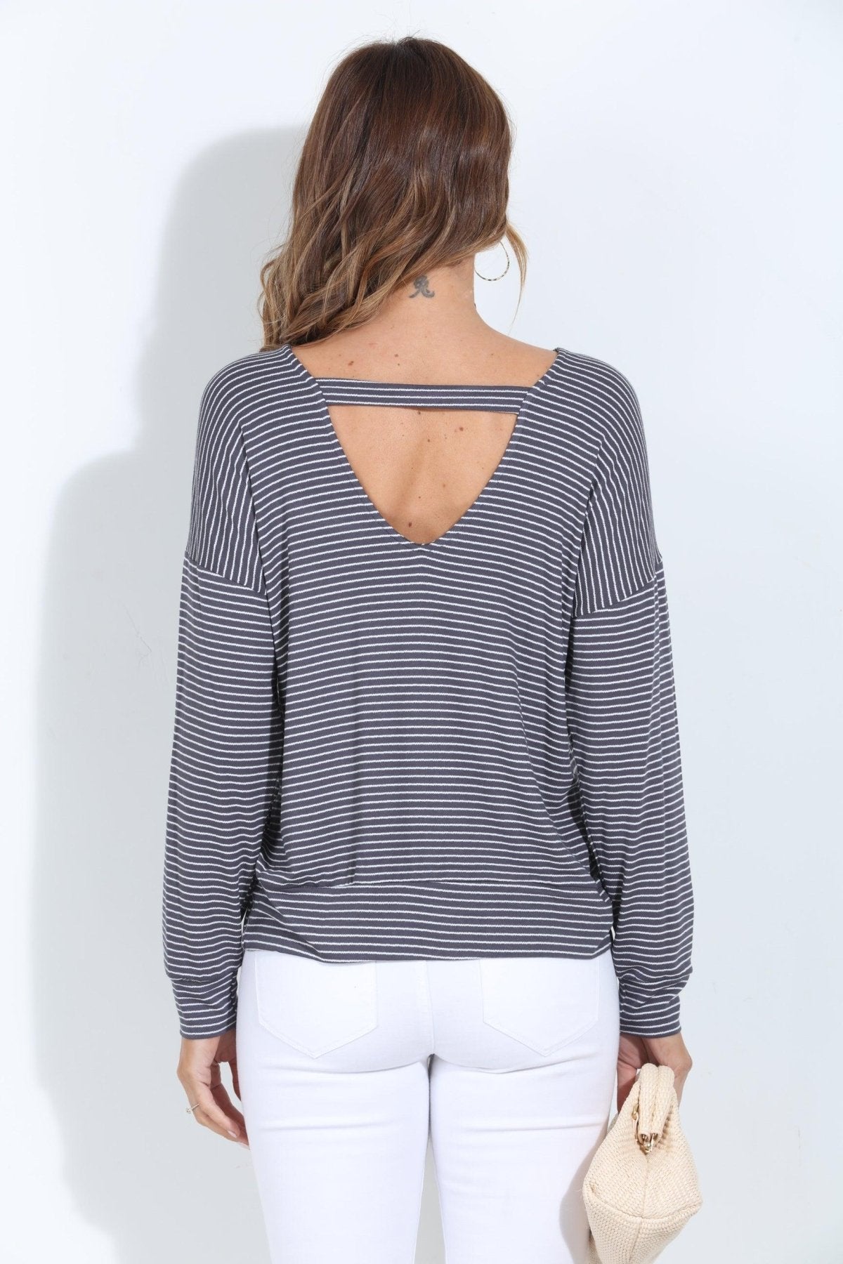 Kelli Grey Stripe Open Back Dolman Top
