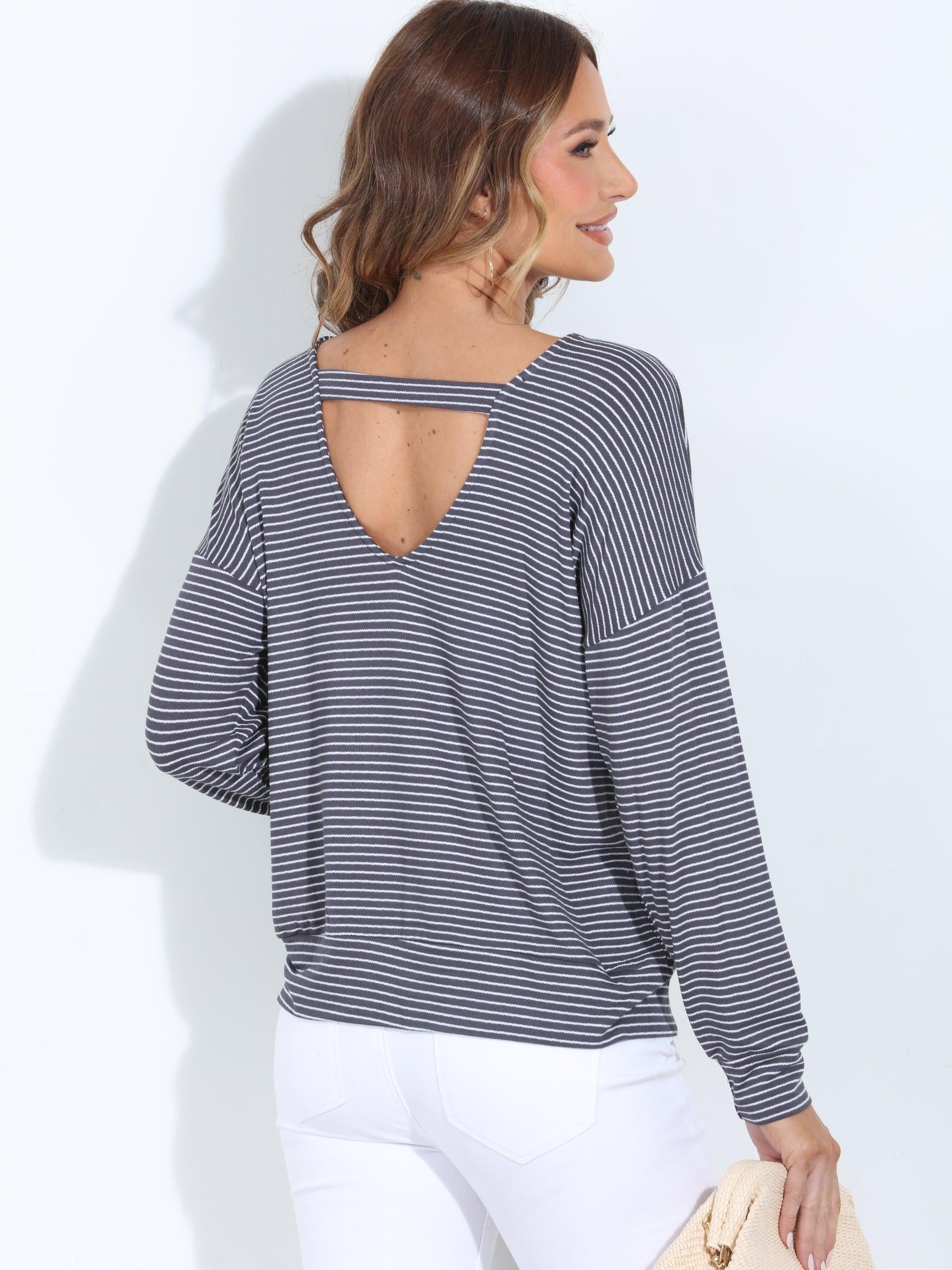 Kelli Grey Stripe Open Back Dolman Top