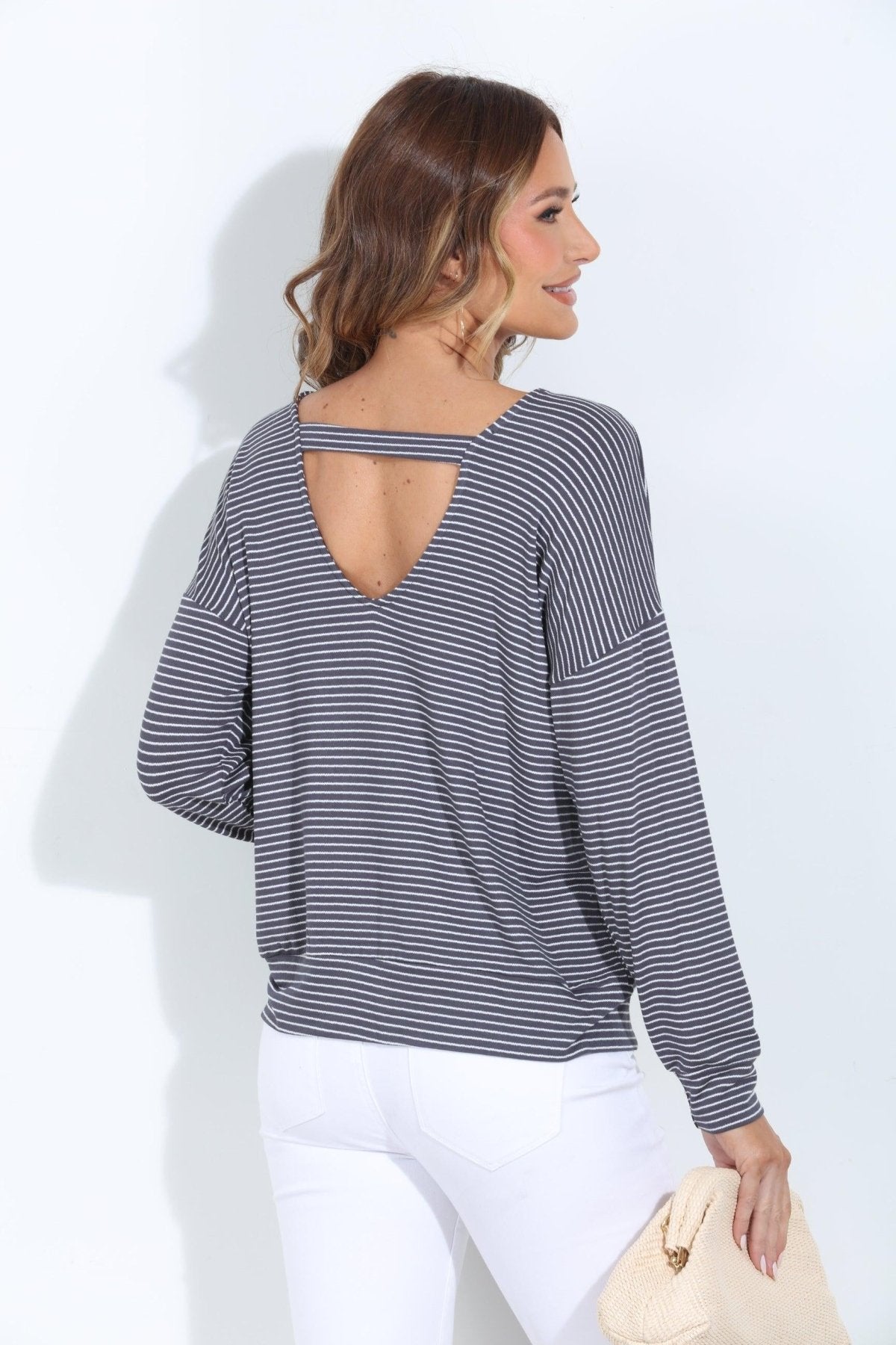 Kelli Grey Stripe Open Back Dolman Top