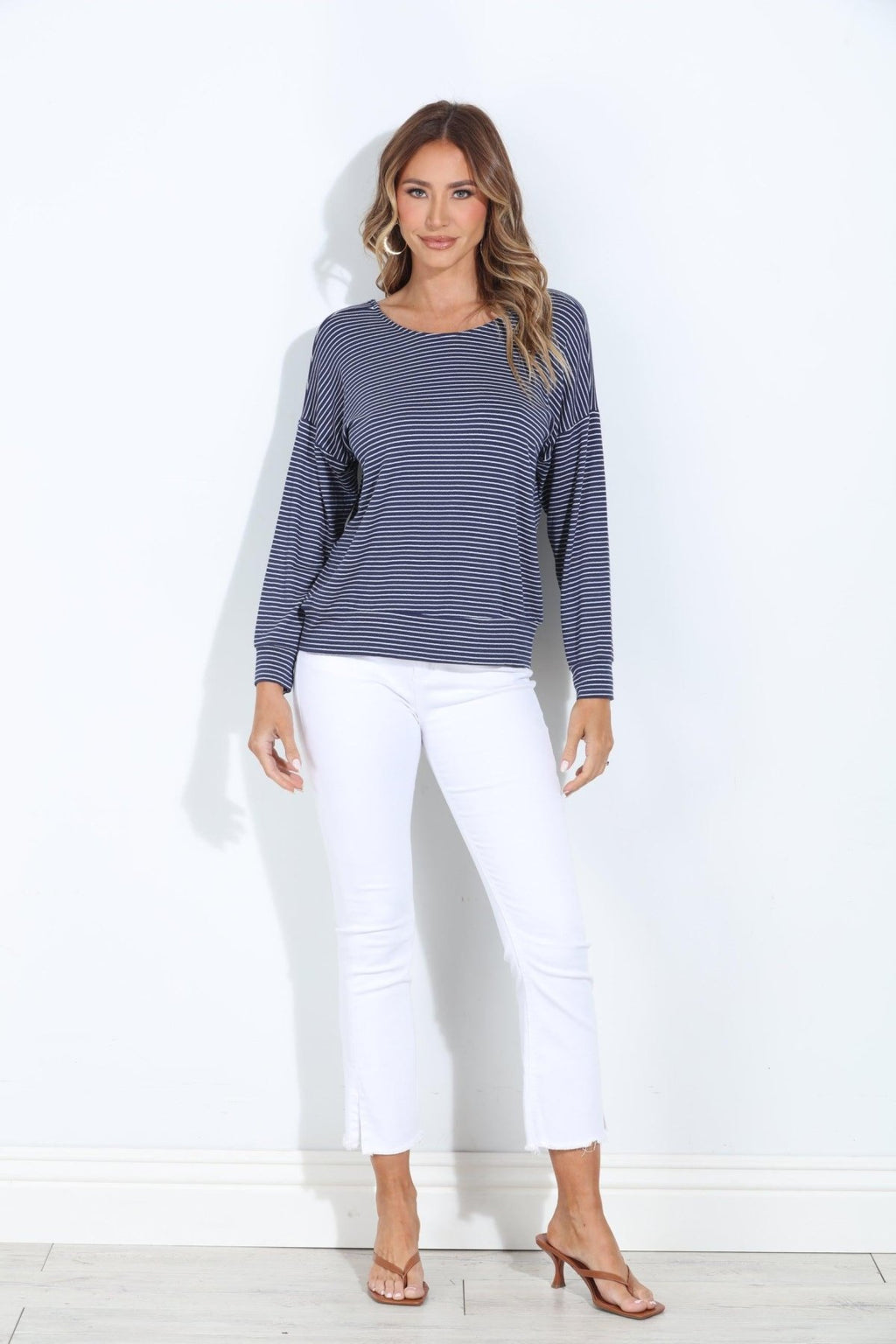 Arlita Navy Stripe Open Back Dolman Top