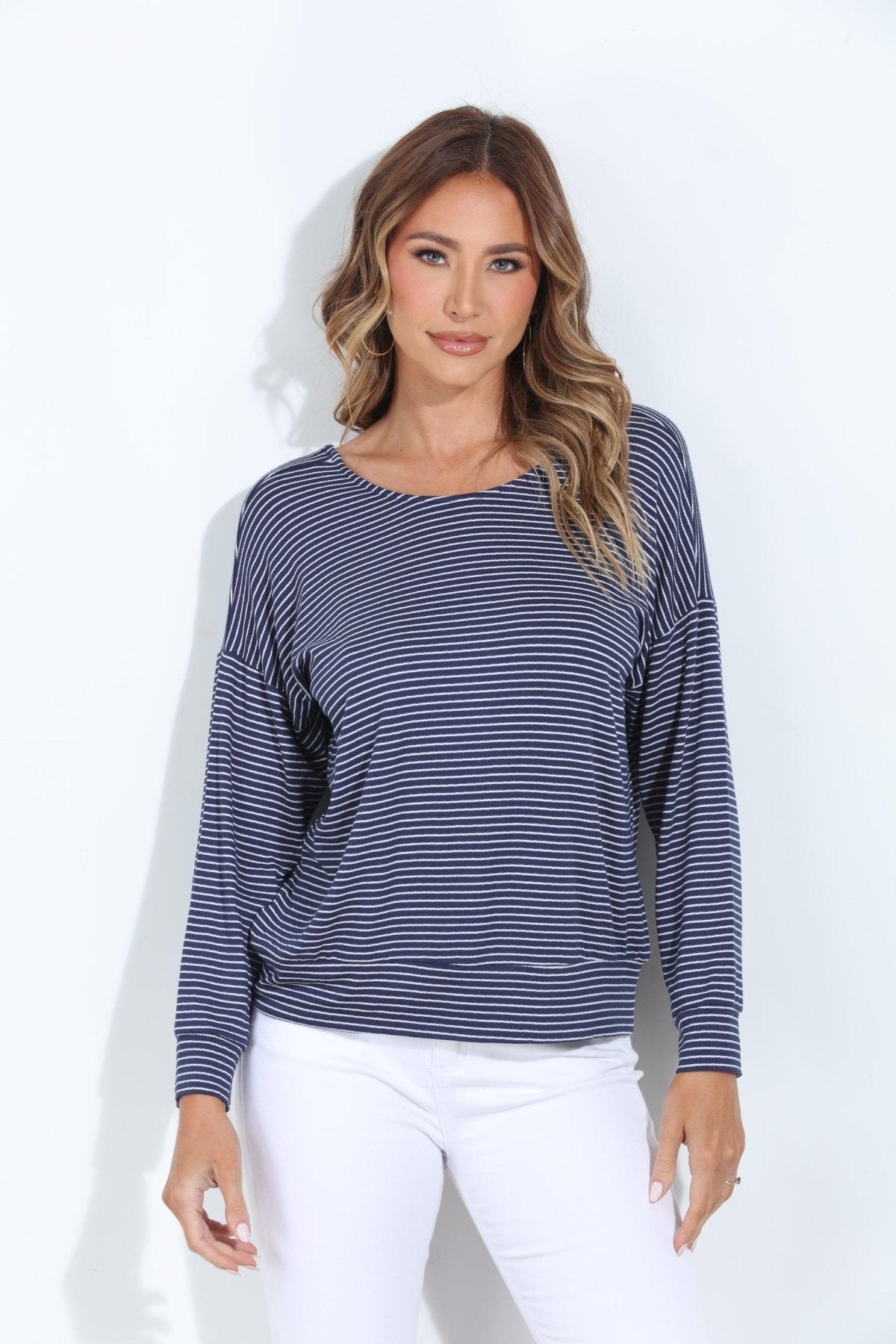 Arlita Navy Stripe Open Back Dolman Top