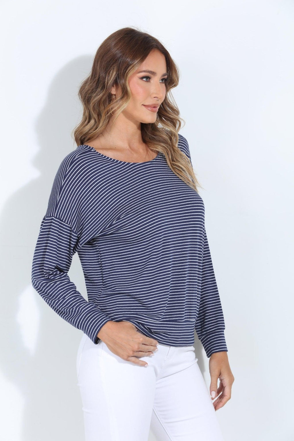 Arlita Navy Stripe Open Back Dolman Top