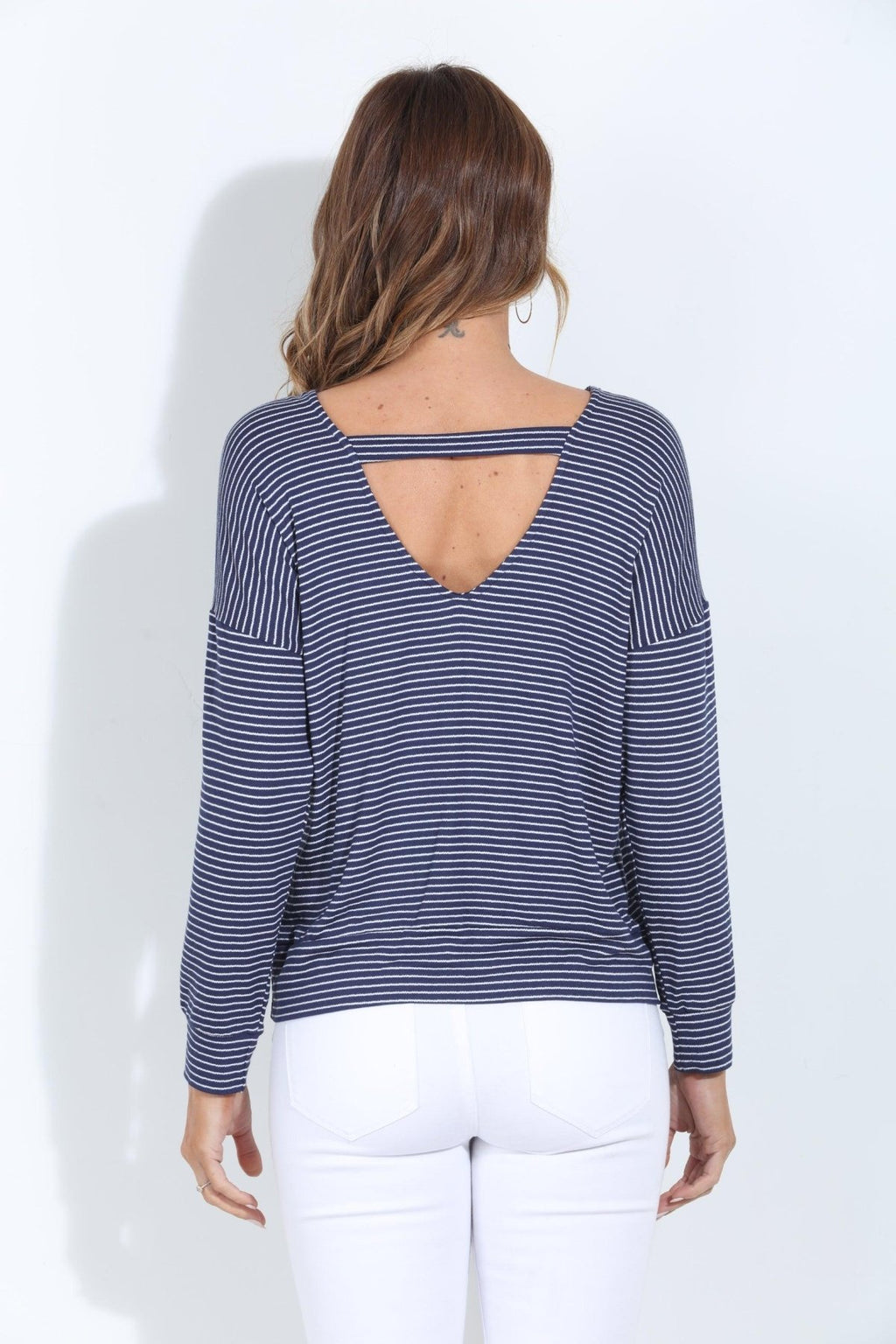 Arlita Navy Stripe Open Back Dolman Top