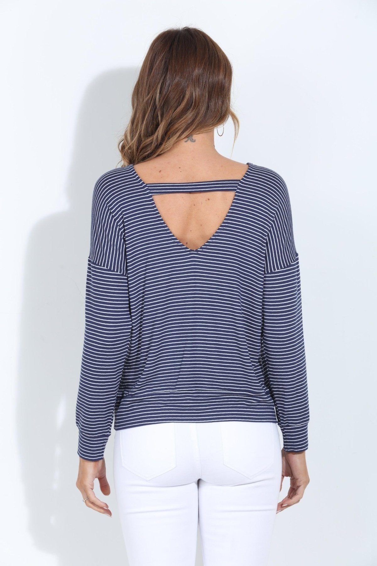 Arlita Navy Stripe Open Back Dolman Top