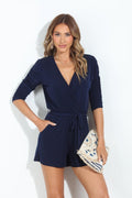 Navy Shirred Sleeve Romper-BEST SELLER