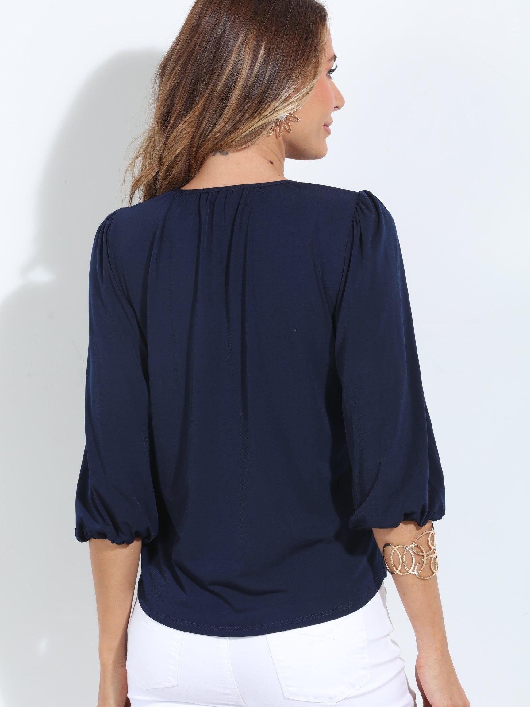 Navy ITY Split Neck Top-BEST SELLER
