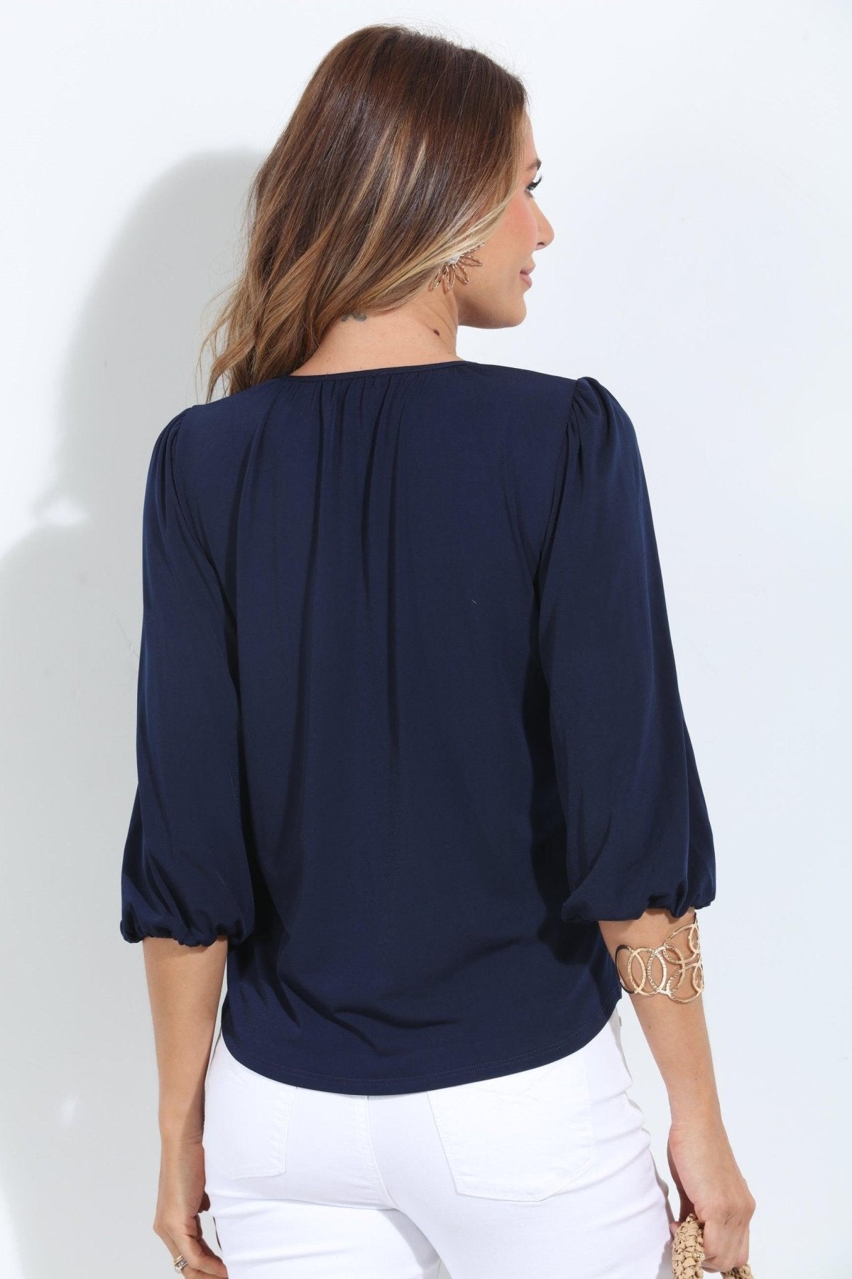 Navy ITY Split Neck Top-BEST SELLER