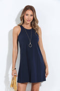 navy sleeveless short dress on woman