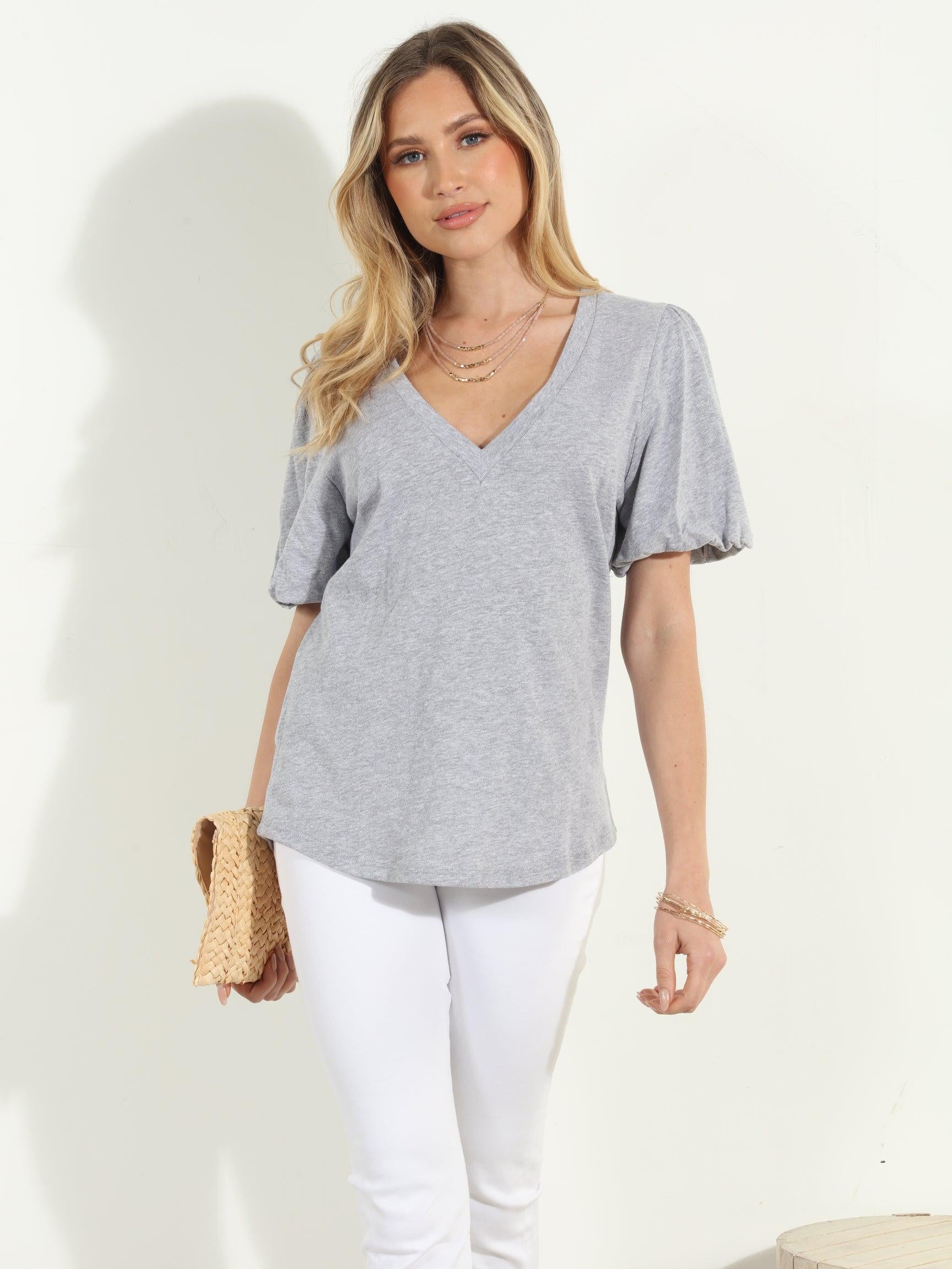 Heather Grey Puff Sleeve Tee-FINAL SALE
