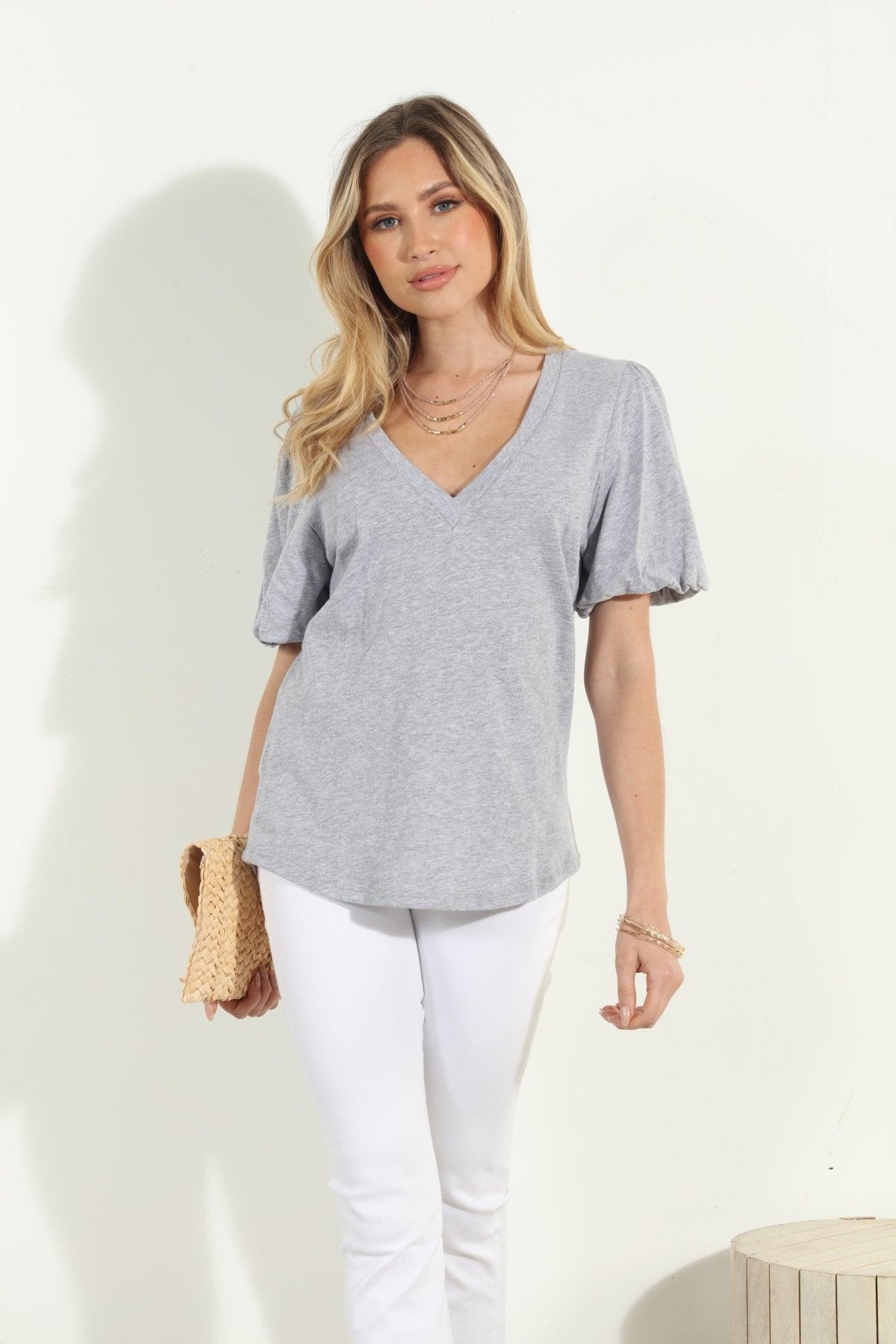 Heather Grey Puff Sleeve Tee-FINAL SALE