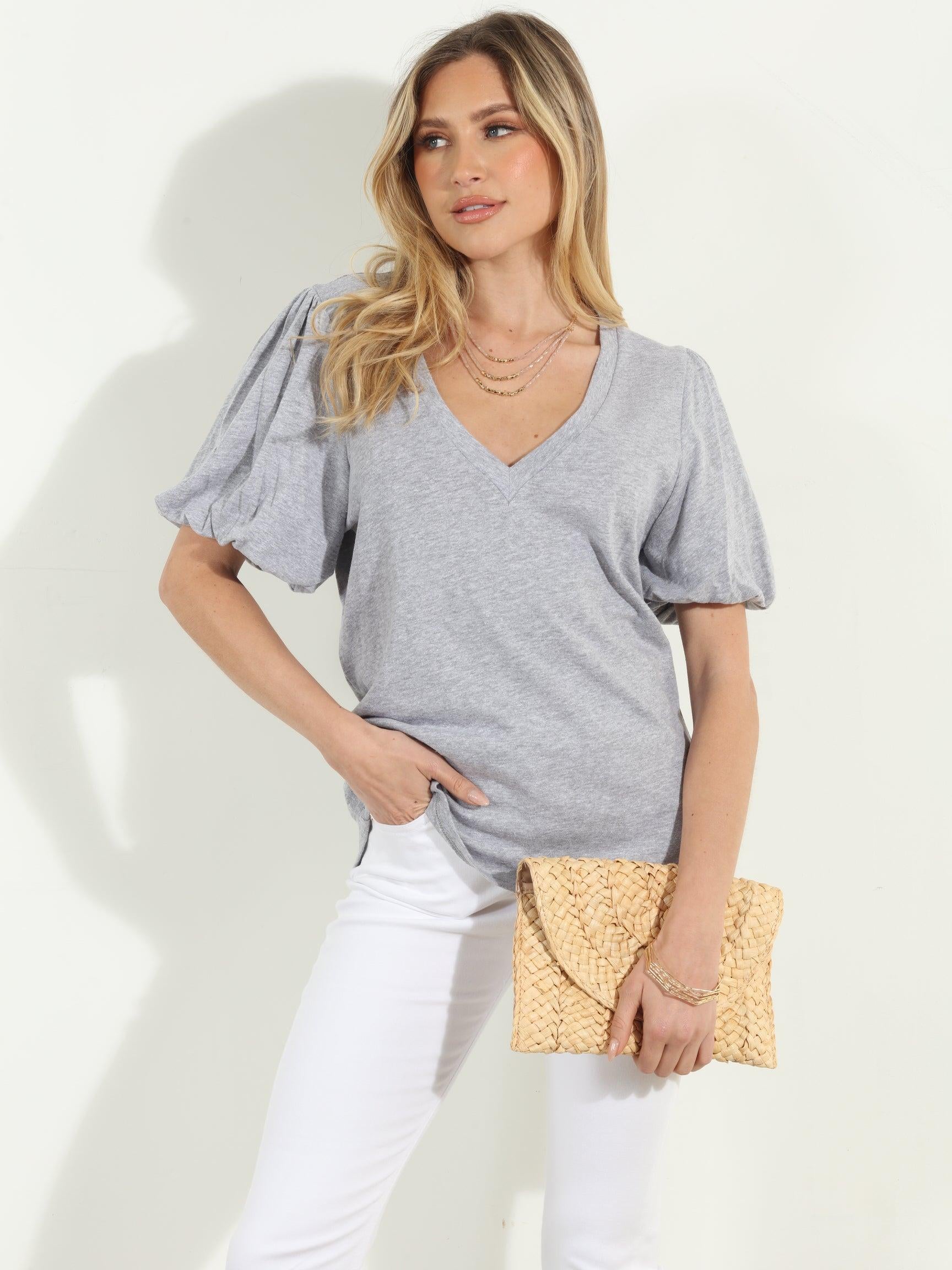 Heather Grey Puff Sleeve Tee-FINAL SALE