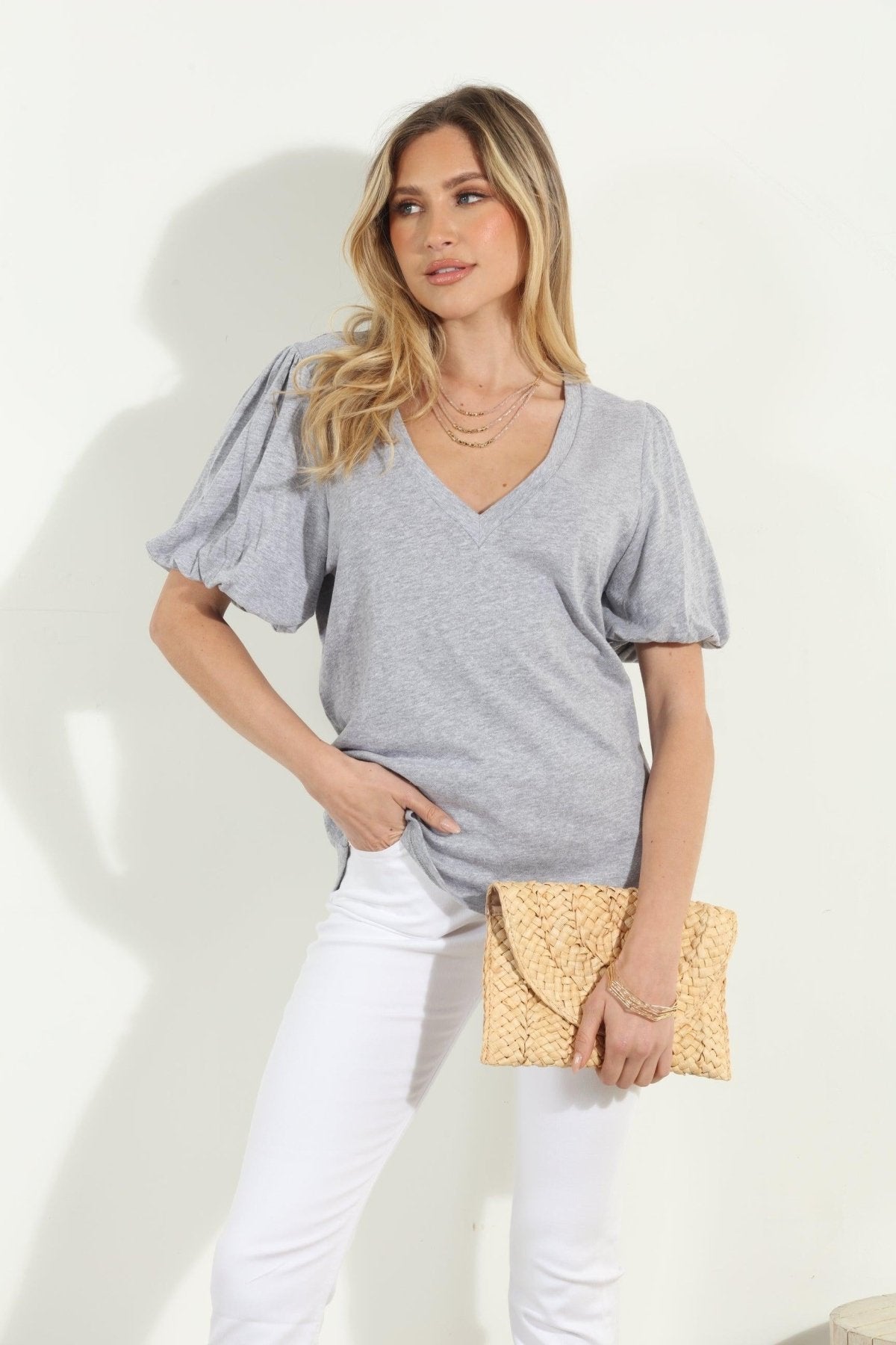 Heather Grey Puff Sleeve Tee-FINAL SALE