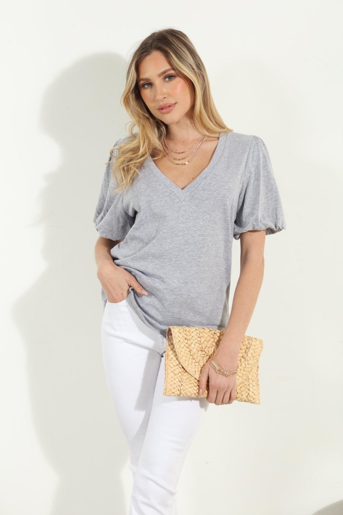 Heather Grey Puff Sleeve Tee-FINAL SALE